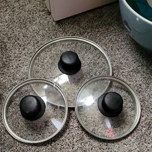 Set of Three Glass Pot Lids with Black Handles